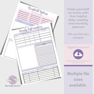 May include: A printable digital planner with a purple and pink color scheme. The planner includes sections for household upkeep, family information, and medical information. The text on the image reads "Household Upkeep Yearly Checklist", "Family Information", "Clothing Sizes", "Notes", "Medical Info", "Name", "Doctor", "Insurance", "Co-Pay", "Digital Download", "No Physical Items Will Be Sent", "Multiple file sizes available."