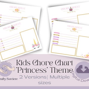 May include: Printable chore chart for kids featuring a unicorn and floral design. The chart has the text "Chore Quest" and "Stay on the Prey".