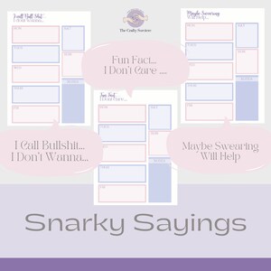 May include: Three printable weekly planner pages with a pink and blue color scheme. Each page has a different sarcastic saying at the top: "I Call Bullshit... I Don't Wanna...", "Fun Fact... I Don't Care...", and "Maybe Swearing Will Help..." Each page has spaces for Monday through Sunday and a notes section.