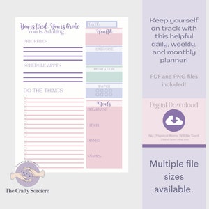 May include: A printable planner with a pink, purple, and blue color scheme. The planner includes sections for health, priorities, schedule appointments, do the things, water, meals, breakfast, lunch, dinner, and snacks. The text "You is tired. You is broke. You is Adulting..." is at the top of the planner. The text "Keep yourself on track with this helpful daily, weekly, and monthly planner!" is on the right side of the planner. The text "PDF and PNG files included!" is below the planner. The text "Digital Download" is below the planner. The text "No Physical Items Will Be Sent" is below the planner. The text "Multiple file sizes available." is below the planner.