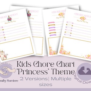 May include: A set of printable kids' chore charts with a princess theme. The charts feature a pink, gold, and purple color scheme, with illustrations of crowns, flowers, and a cat-unicorn. Text includes "CHORE QUEST" and "Slay For The Pay".