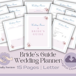 May include: A printable wedding planner guide with a pink and blue floral design. The cover features the text "Wedding Planner A Bride's Guide".