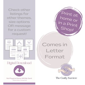 May include: Digital download of printable letter-sized alphabet charts for spell casting. The charts feature different symbols and instructions. The image also includes text that says "Check other listings for other themes, size options OR message for a custom request!" and "Print at home or in a Print Shop!" and "Comes in Letter Format".