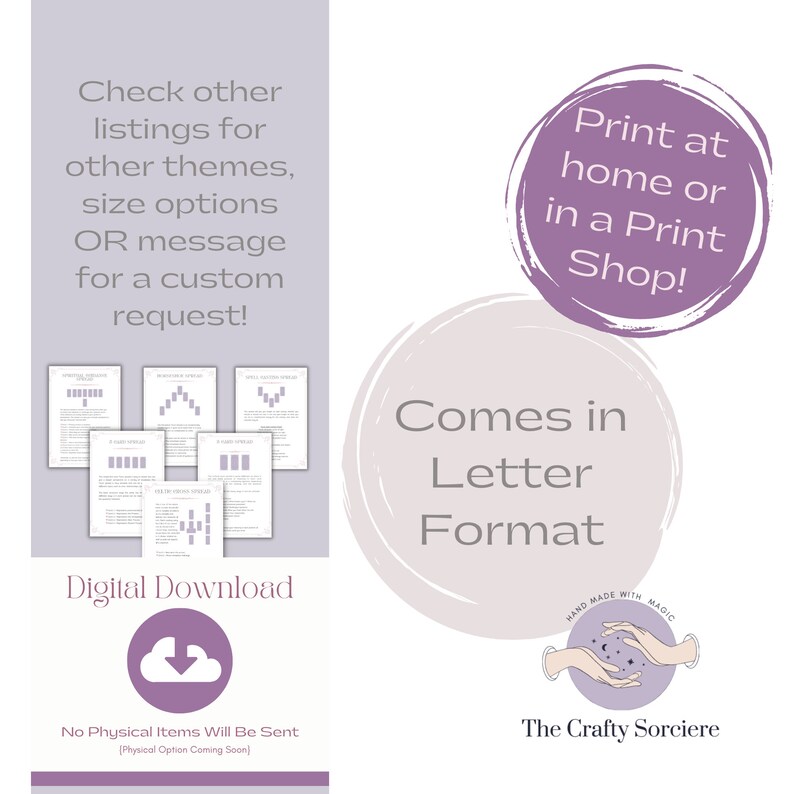 May include: Digital download of printable letter-sized alphabet charts for spell casting. The charts feature different symbols and instructions. The image also includes text that says "Check other listings for other themes, size options OR message for a custom request!" and "Print at home or in a Print Shop!" and "Comes in Letter Format".