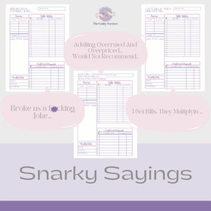 May include: Four printable budget tracker pages with a pink and purple color scheme. Each page features a different humorous saying about money and budgeting. The sayings are "Broke as a Fcking Joke...", "Adulting Overrated And Overpriced... Would Not Recommend...", "I Got Bills. They Multiplyin...", and "Broke as a Fcking Joke..."