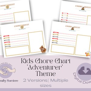 May include: Printable chore chart for kids with an 'Adventurer' theme. The chart features a gold and white design with a dragon illustration. The text 'CHORE QUEST' is displayed at the top of the chart.
