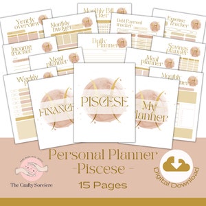 Pode incluir: Um planejador digital para o signo do zodíaco Peixes. O planejador inclui 15 páginas com uma variedade de layouts para orçamento, planejamento de refeições, rastreamento de despesas e muito mais. A capa apresenta uma ilustração em aquarela do símbolo de Peixes em ouro e rosa.