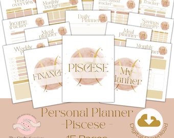 Op de afbeelding: Een digitale planner voor het sterrenbeeld Vissen. De planner bevat 15 pagina's met verschillende lay-outs voor budgettering, maaltijdplanning, uitgaven bijhouden en meer. De omslag toont een aquarel-achtige illustratie van het Vissen-symbool in goud en roze.