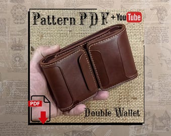 May include: A brown leather double wallet with stitching detail. The wallet is folded and held in a hand. The text "Pattern PDF + YouTube" is at the top of the image and "Double Wallet" is at the bottom of the image.