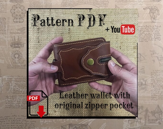 PDF Pattern. Leather wallet with original zipper pocket. DIY