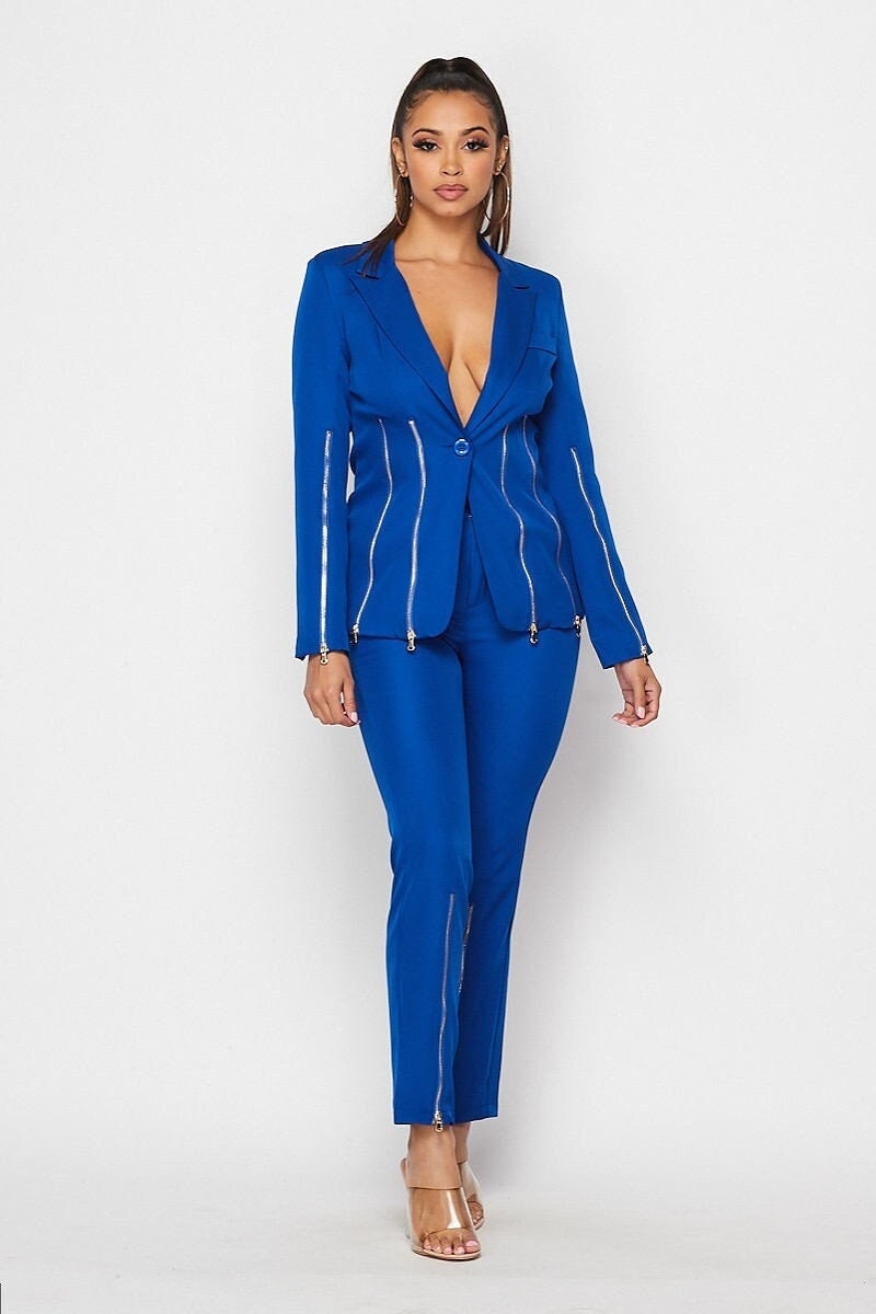 blue pantsuit