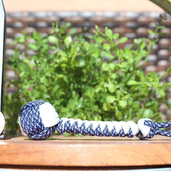 Monkey Fist Keychain, 3/4-inch Ball Bearing, White/Blue Paracord *Free Shipping*