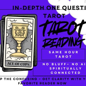Peut inclure: Publicité pour des lectures de tarot sur fond violet. L'image présente une pile de cartes de tarot, avec la carte de l'As de Coupes visible. Le texte comprend "Tarot Reading", "Same Hour Tarot" et "Spirituellement Connecté".