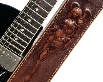 Leather guitar strap (custom guitar belt). Hand-crafted. Acoustic and electric guitars. Premium quality vegetable-tanned Italian leather