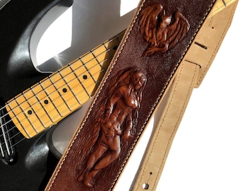 Leather guitar strap (custom guitar belt). Hand-crafted. Acoustic and electric guitars. Premium quality vegetable-tanned Italian leather