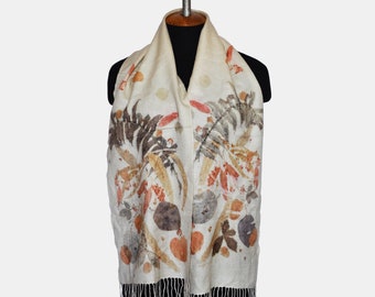 Hand-painted natural cashmere  scarf, eco-print floral ornament,ready to shipping