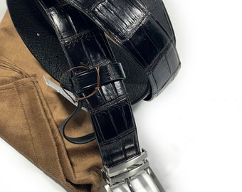 Men's Automatic Buckle Belt - Alligator Print Leather, No-Hole Adjustable, 130cm Length (Black) - View #11