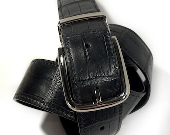Men's Automatic Buckle Belt - Alligator Print Leather, No-Hole Adjustable, 130cm Length (Black) - View #10