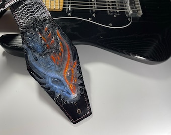 Leather Dragon guitar strap .Hand-crafted.Acoustic and electric guitars. Premium quality vegetable-tanned and snake- print Italian leather