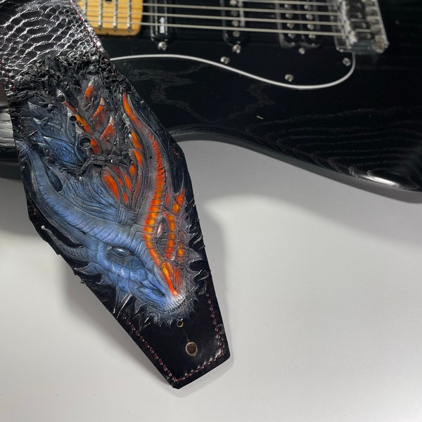 Leather Dragon guitar strap .Hand-crafted.Acoustic and electric guitars. Premium quality vegetable-tanned and snake- print Italian leather