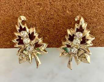 Vintage Floral leaf in gold tone with three rhinestone center, clip on, Bridal earrings, Pierced or Non pierced ears