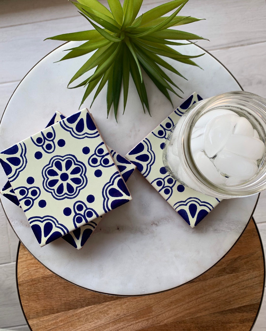 Blue and White Mexican Glazed Tile Coaster Set Drink Coaster Etsy