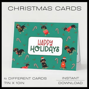 May include: Christmas cards with a teal background featuring dachshunds in festive attire, candy canes, and holly. The cards read "Happy Holidays" and are 7 inches by 10 inches.