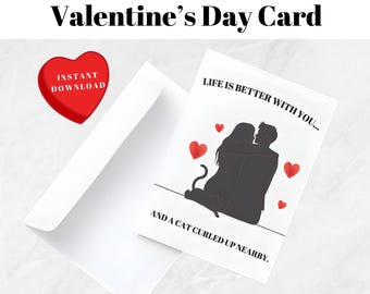 Tarjeta de San Valentín para amantes de los gatos, editable y de descarga instantánea. Regalo romántico de amor.