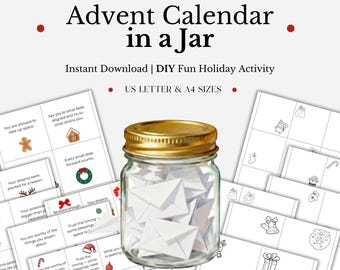 Calendario de Adviento imprimible en frasco / Cuenta regresiva navideña DIY / Tarjetas de afirmación / Manualidad navideña para colorear