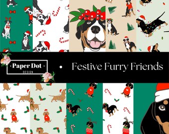¡Paquete de papel digital con nuestros amigos peludos festivos listos para Navidad! Un diseño imprimible con descarga instantánea