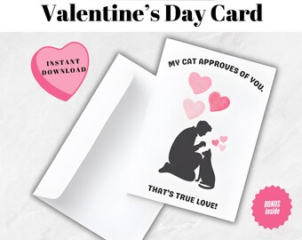 Tarjeta rosa de San Valentín para amantes de los gatos. Editable y descargable. Regalo romántico para parejas.