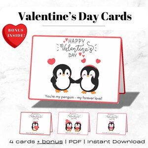 Druckbare Valentinstagskarten mit süßen kleinen Pinguinen und GRATIS Stickern! Teile und verbreite Freude!  Sofort Download.
