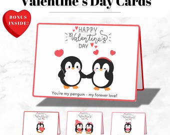 Tarjetas de San Valentín de pingüinos con pegatinas (descarga digital)