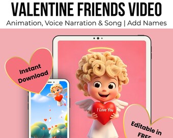 Vídeo editable de San Valentín para amigos / Animación de Cupido para niños / Plantilla de Canva / Descarga instantánea / Nombres personalizados