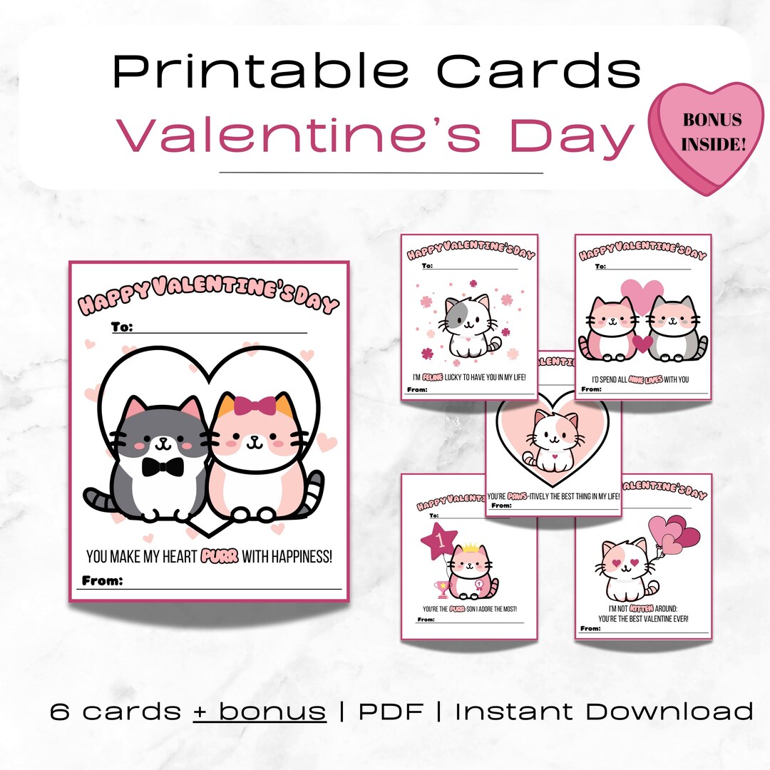 Printable Cat Pun Valentine's Day Cards/ Gift Tags to Give to Friends ...