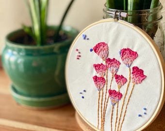 Carnations Embroidery Hoop: Pink & Blue Floral Fiber Art