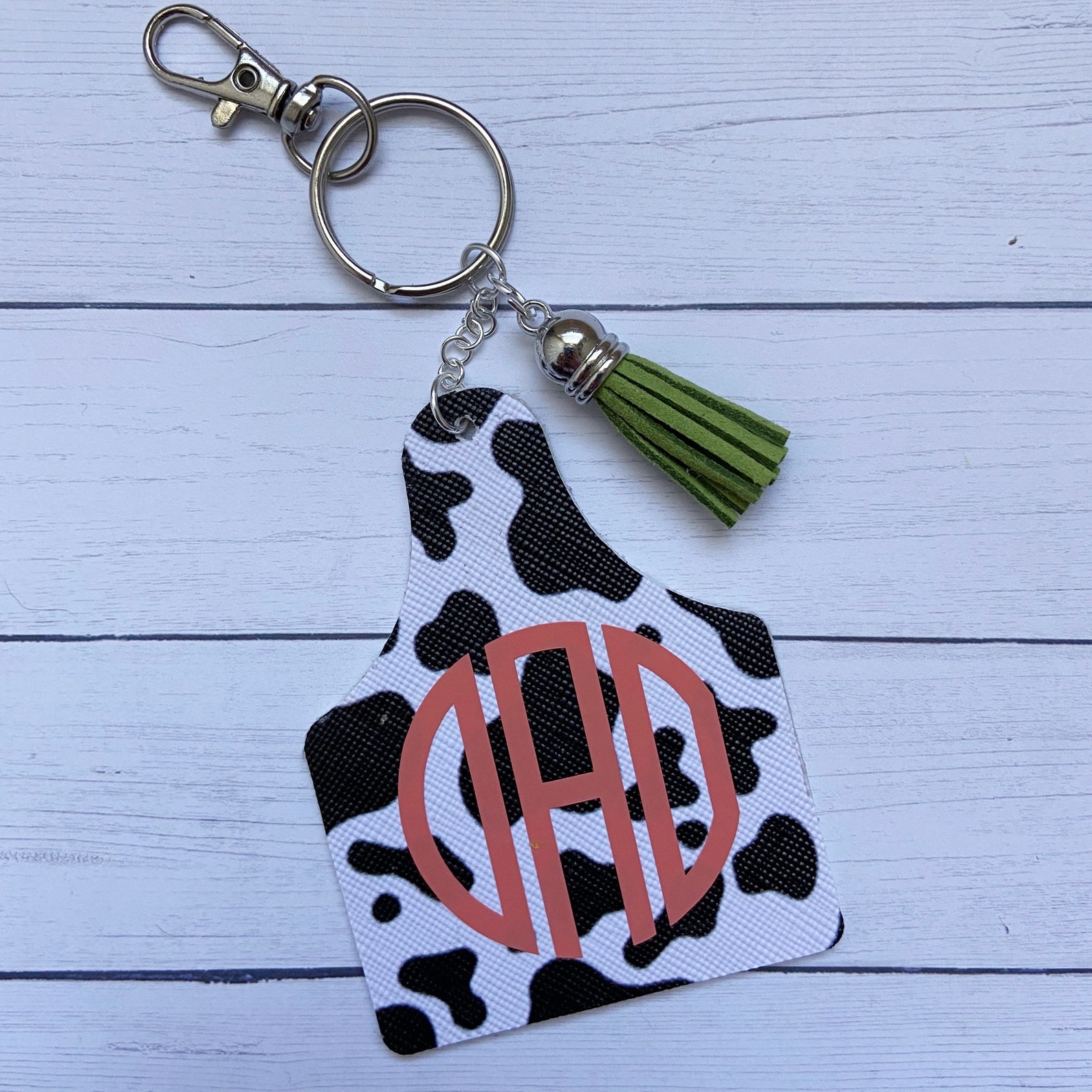 Leather Monogram Cow Print Cattle Tag KeyChain Etsy