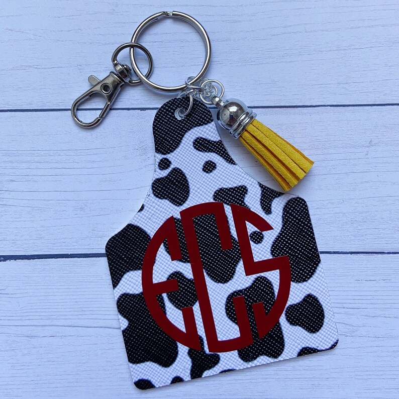 Leather Monogram Cow Print Cattle Tag KeyChain Etsy