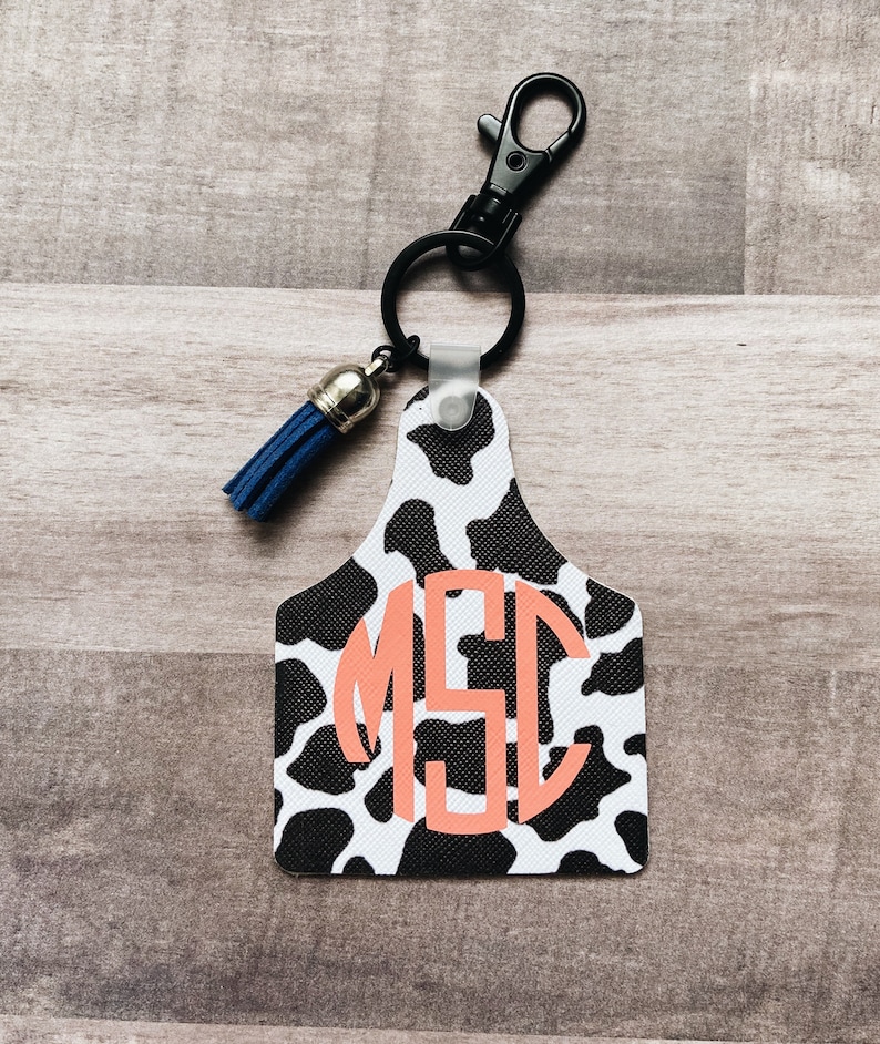Leather Monogram Cow Print Cattle Tag Keychain Etsy