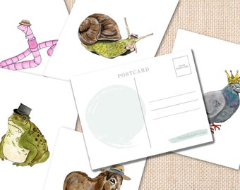 Animali con cappelli 8pz - Cartoline, Mini stampe, Piccole stampe, Stampe artistiche carine, Stampe artistiche divertenti, Cartoline carine, Cartoline divertenti, Lumaca rospo