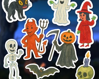 Halloween Vintage Fall Sticker Pack - Hand Painted, Laptop Sticker, Water Bottle Sticker, Spooky Stickers, Ghost Sticker, Black Cat Sticker