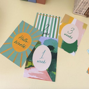 Cartes d'étapes pour bébés - Color Burst/ Ensemble d'étapes importantes/ Illustration de voyage/ Gravure sur bois indienne/