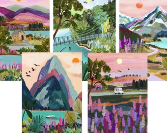 Wild Mountain/ansichtkaartenset/reisillustratie/kunstprint/A6/set van 5/muurkunst/verjaardagscadeau/housewarmingcadeau/jubileum