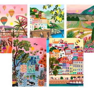 The Exotic Summers Postcard Set/Travel illustration/Art print/A6/Set of 5/Wall Art/Birthday present/Housewarming gift/Anniversary