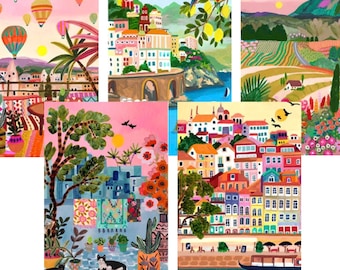 The Exotic Summers Postcard Set/Travel illustration/Art print/A6/Set of 5/Wall Art/Birthday present/Housewarming gift/Anniversary