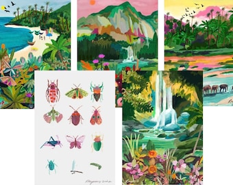 The Tropical Forest Postcard Set/Travel illustration/Art print/A6/Set of 5/Wall Art/Birthday present/Housewarming gift/Anniversary