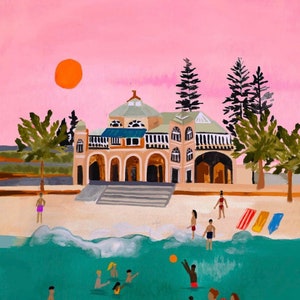 Sunset Swimmers Full Page/Cottesloe Beach/Perth/Australia/Wall Art/Travel illustration/Birthday present/Housewarming gift/Anniversary