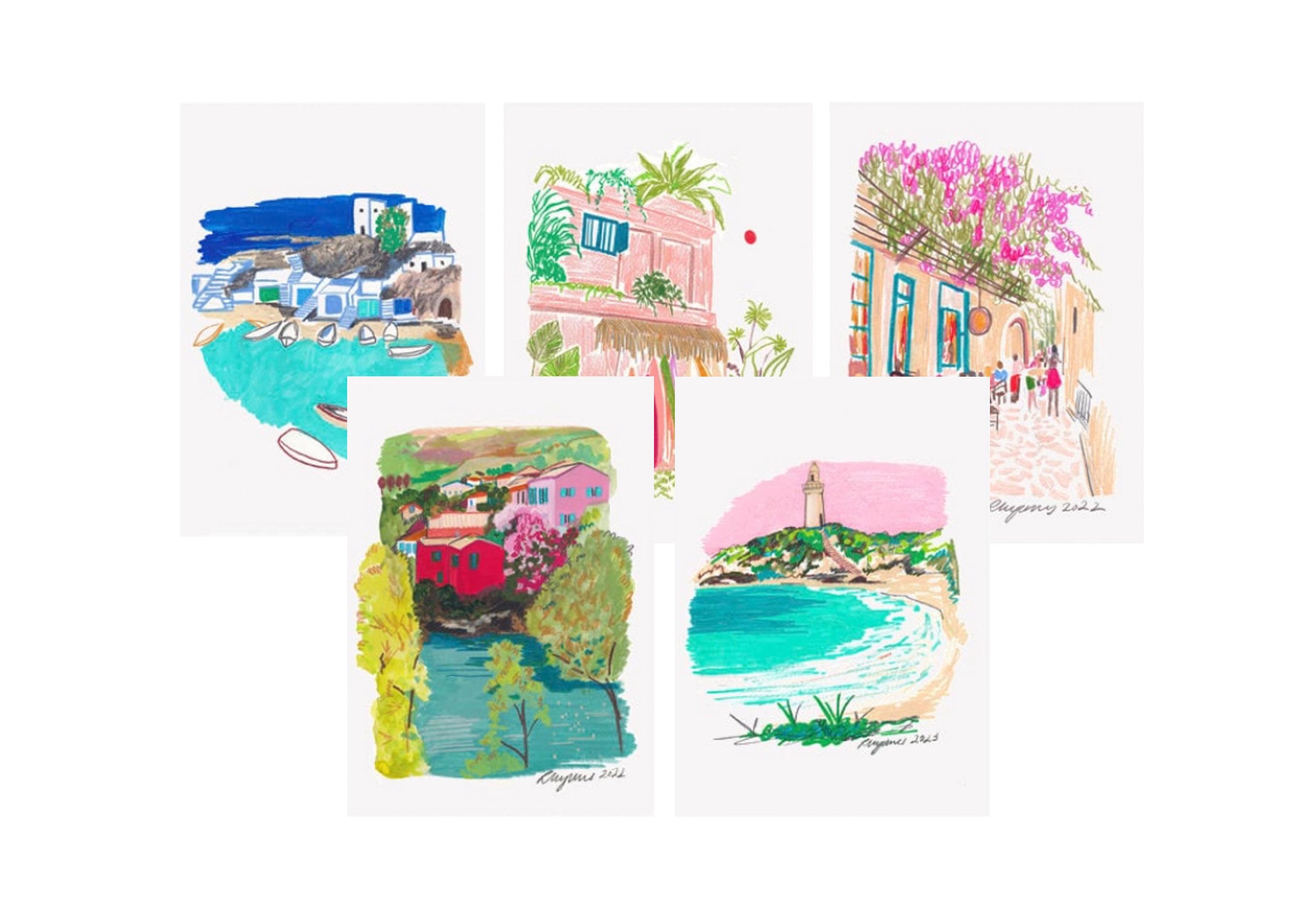The Sketchbook Print Postcard Set/Travel illustration/Art print/A6/Set of 5/Wall Art/Birthday present/Housewarming gift/Anniversary