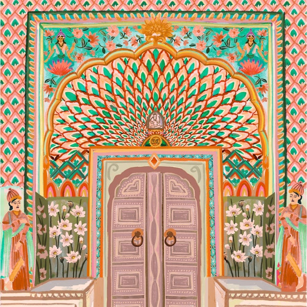 Porte du lotus/Art mural Inde/Illustration de voyage/Impression d'art/A5, A4, A3, A2/Porte indienne/Art mural/Cadeau d'anniversaire/Cadeau de pendaison de crémaillère/Anniversaire