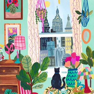 New York Cat/illustration/Travel art/Maximalist home/Art print/A5, A4, A3, A2/Wall Art/Birthday present/Housewarming gift/Anniversary